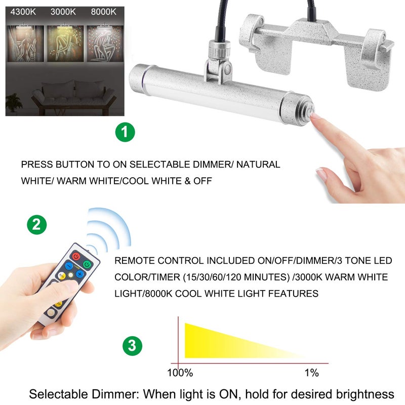 LUXSWAY إطار صور لاسلكي LUXSWAY مع إضاءة LED، إضاءة عرض فنية قابلة لإعادة الشحن، مشبك على الصور، أضواء فوق اللوحات، مصباح فني برأس مرن، 28 LED 3 أوضاع إضاءة 200 لومن - فضي - Image 2